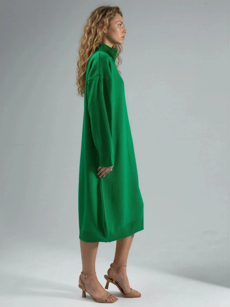 My Fashion Green MY FASHION Ribbed Knit Midi Dress with Zipper Collar for Women | Best Price UAE